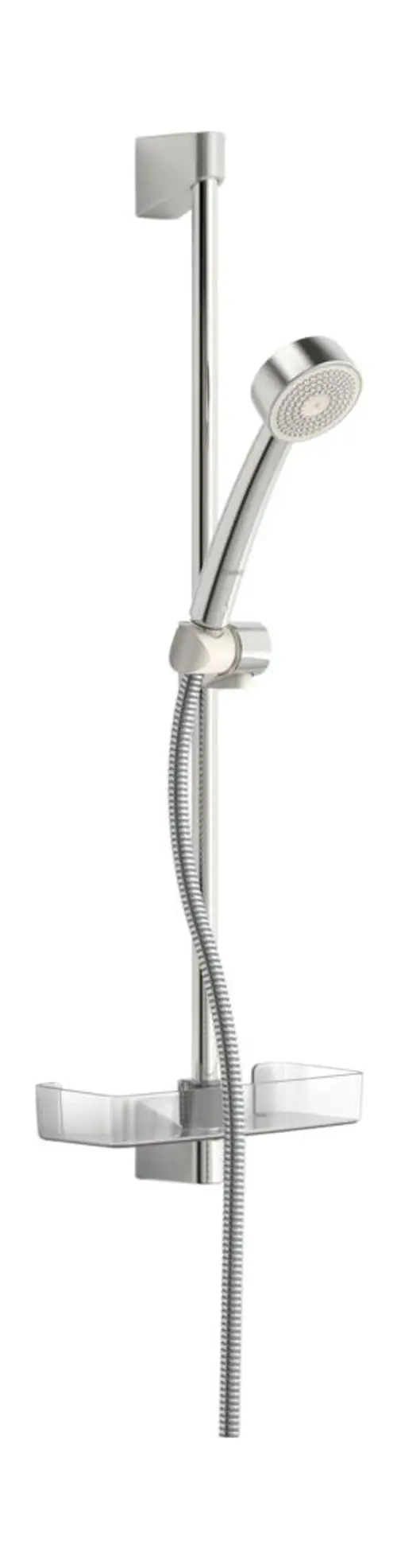 Wandstangengarnitur für eine Dusche, mit einem Duschkopf und zwei Ablagen. Aus Chrom, im modernen Design, hergestellt von HANSA.